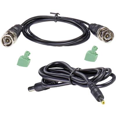 Two black cables with BNC connectors and DC power connection, accompanied by two green terminals.