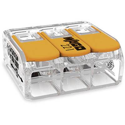 'WAGO 221' terminal block with three transparent ports and orange levers for electrical connections.