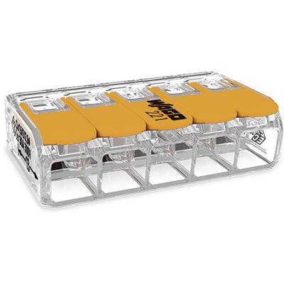 Five-pole transparent connection terminal with orange levers. Suitable for secure connection of electrical cables.