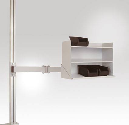 White shelving bracket with two black shelves, mounted on a vertical pole, against a neutral background.