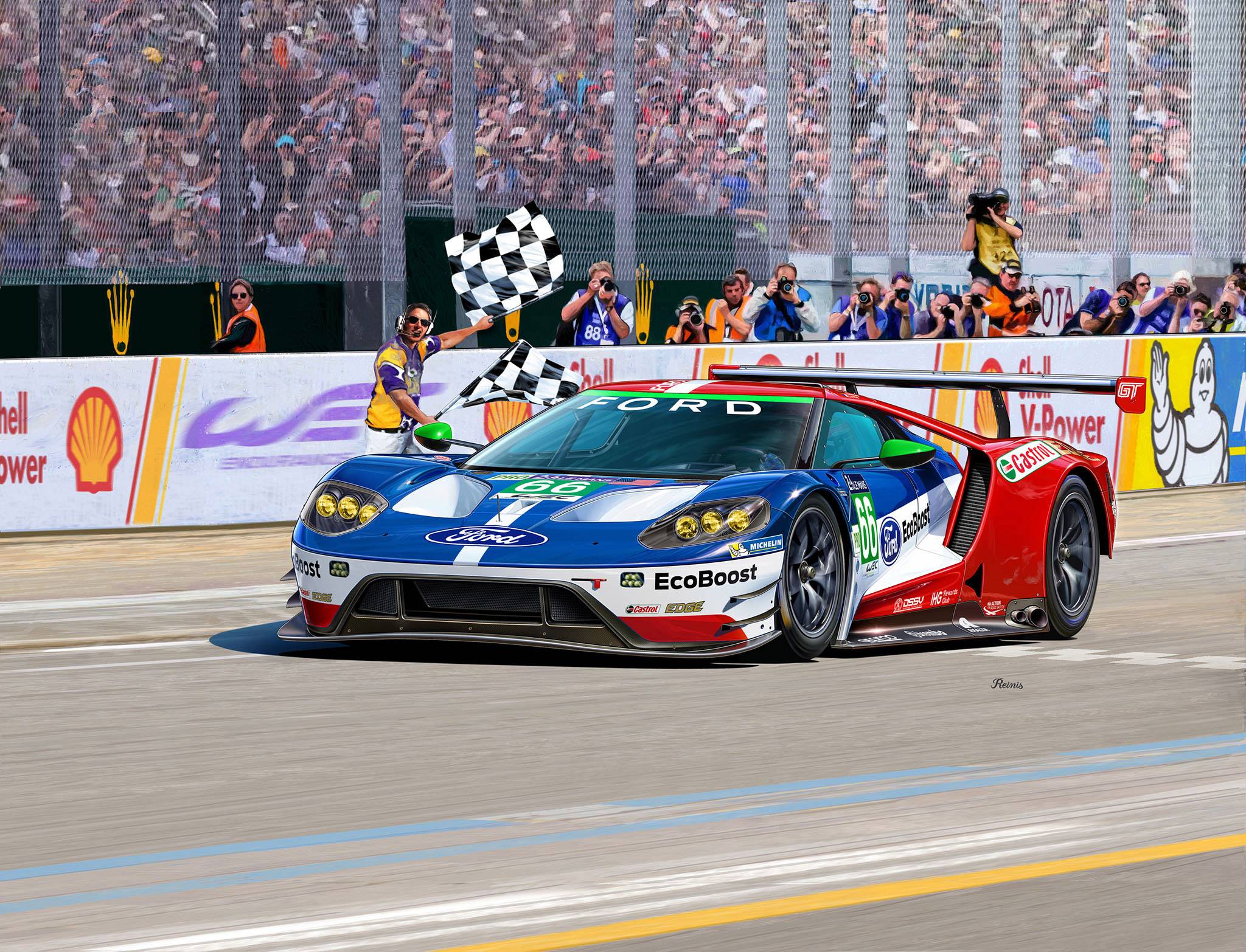 A racing car crosses the finish line at a motor race. A track marshal waves a black and white chequered flag, while spectators cheer in the background.