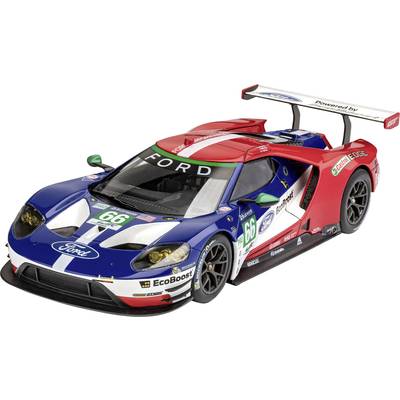 A toy racing car in blue, red, and white with 'Ford' lettering and the number 66 on the bonnet.