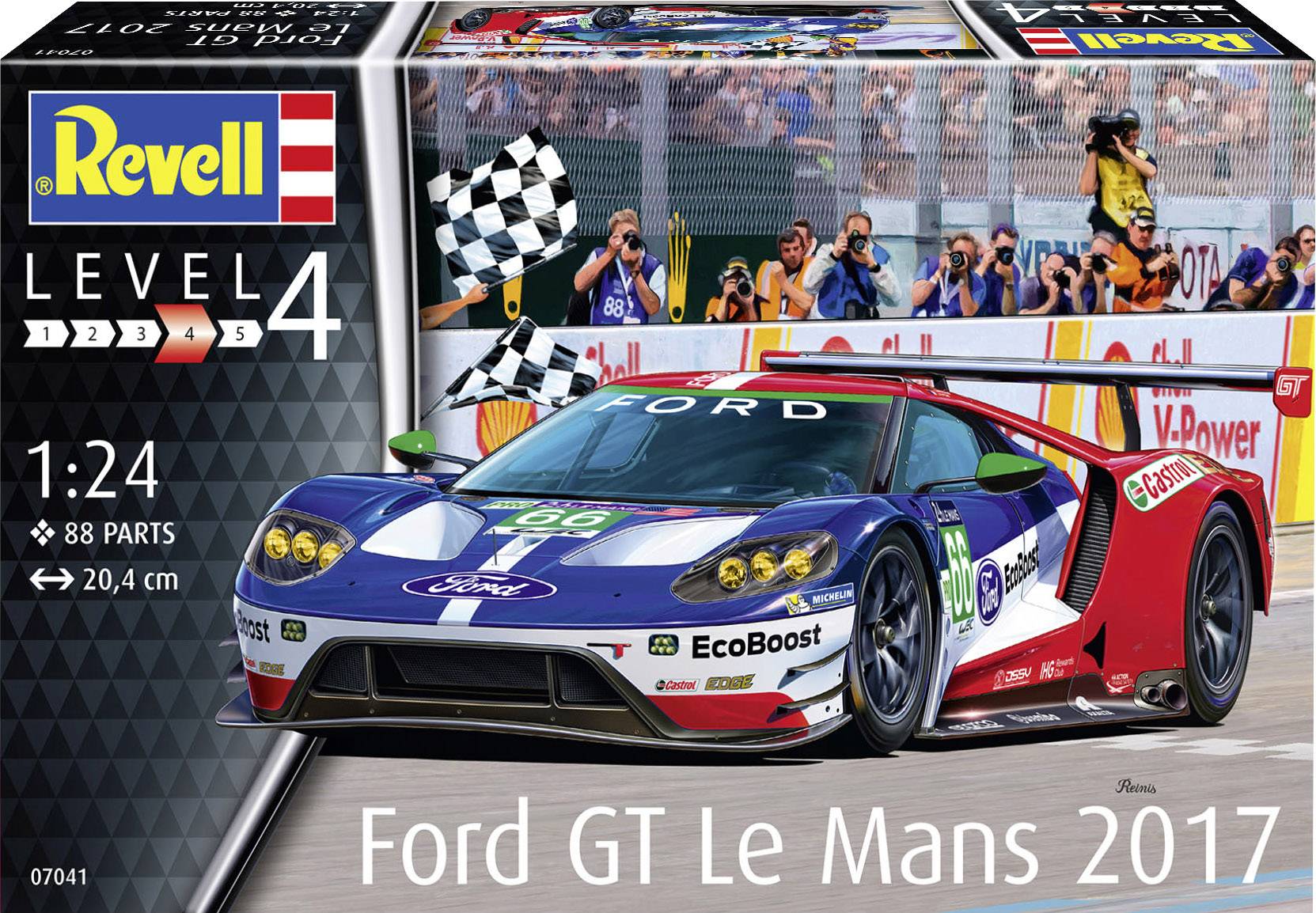 Model kit packaging for the Ford GT Le Mans 2017 by Revell, scale 1:24, showing a racing car image with details of parts and dimensions.