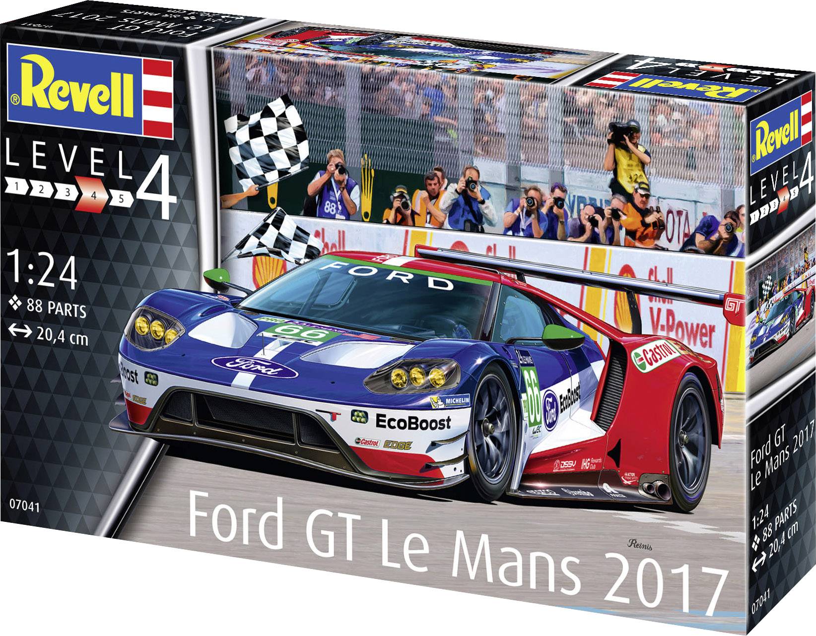 'Revell Model Kit: Ford GT Le Mans 2017 in 1:24 scale with 88 parts, depicted on a racing circuit with chequered flag.'