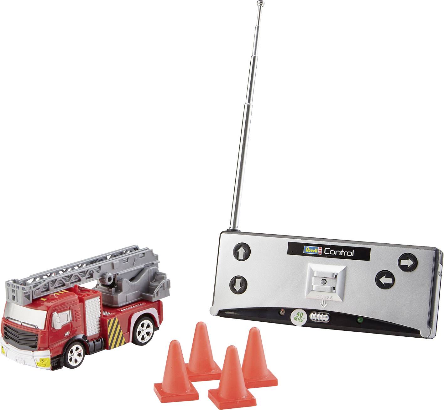 A remote-controlled fire engine with a long aerial next to four small, orange traffic cones and a remote control.