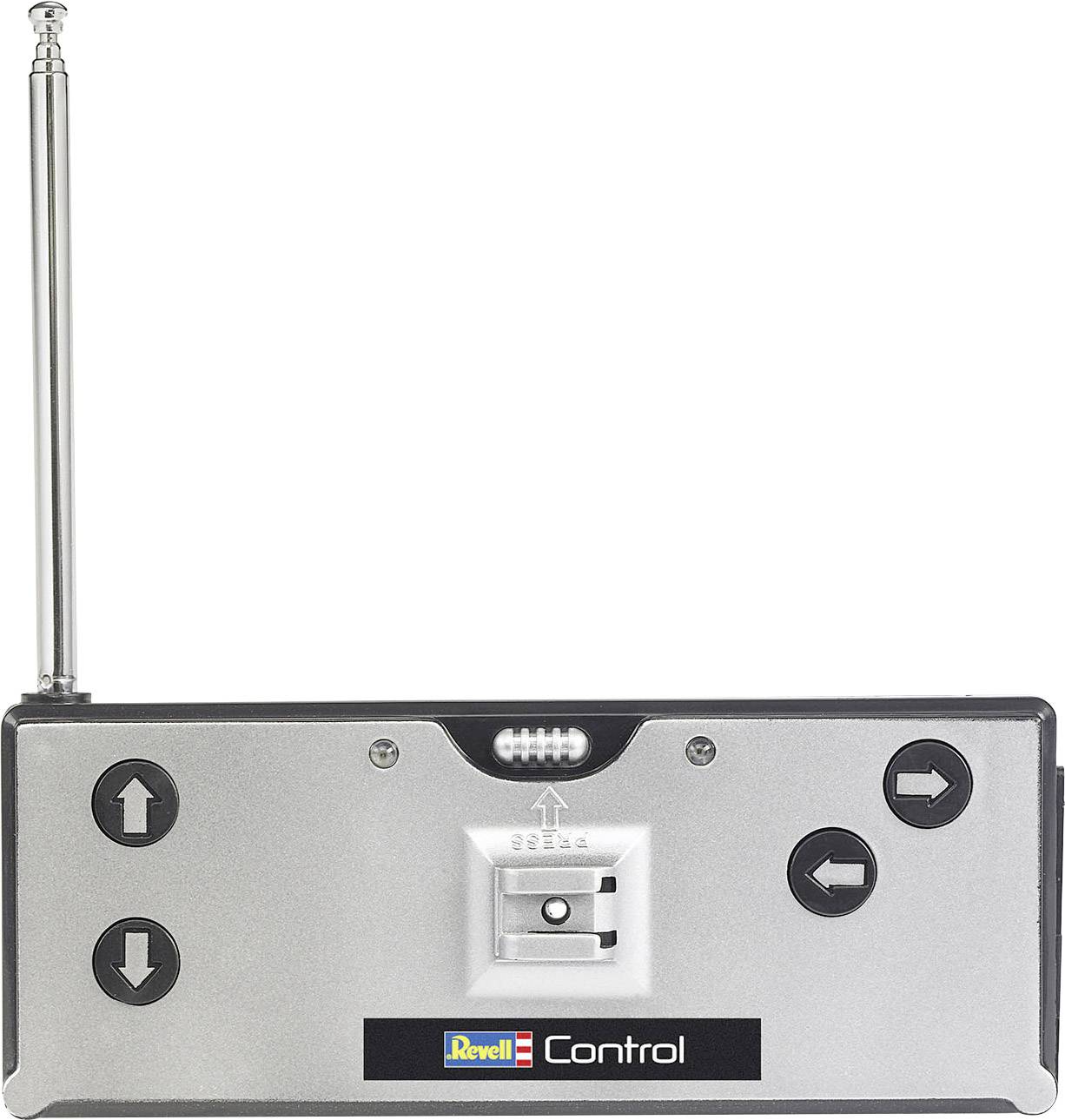 A black remote control with four directional arrow buttons and an antenna on the top left. Text at the bottom reads: 'Revell Control'.