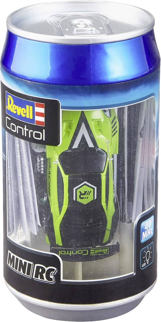 A toy packaging in the shape of a drinks can containing a green miniature RC car with the text 'Revell Control'.