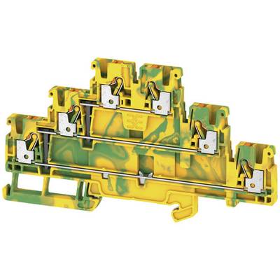 A multi-storey, green-yellow speckled electrical terminal block with multiple connection points and metallic conductors.