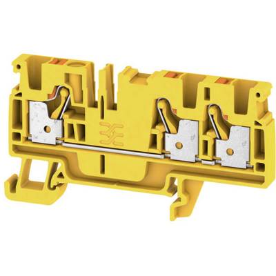 Yellow electrical terminal block with two lever mechanisms, used for securely connecting cables.