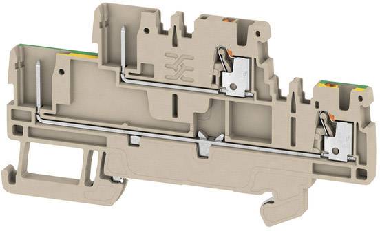 A grey electrical terminal block, typical of industrial control systems, reveals its internal structure with metal connections and terminals.