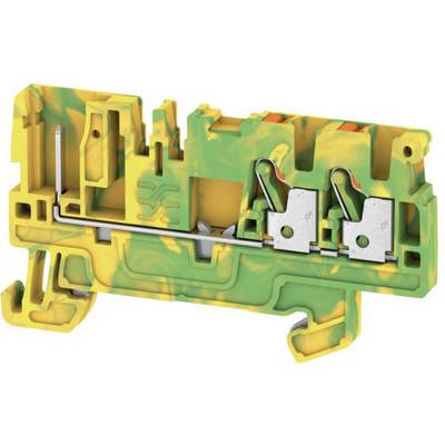 A yellow-green electrical connector with its internal mechanism exposed. It reveals a metal clip and other components for electrical connection.