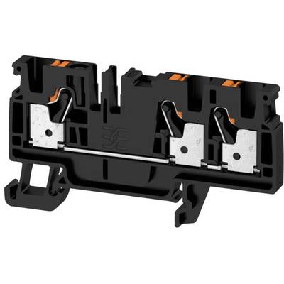 An electrical plug connector with two mounting points and metal rails. It is black with orange highlights.