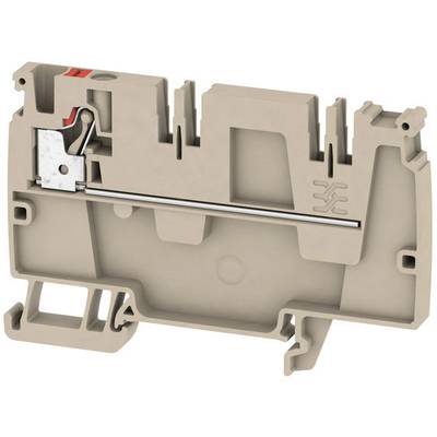 Brown clamp with a metal part and red detail, shaped for electrical connections.