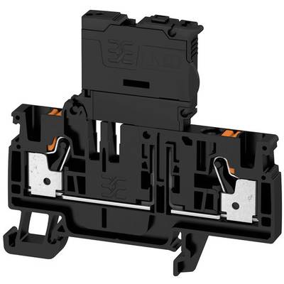 A black, electric terminal block for mounting on a DIN rail, with metal components and orange elements for wire connection.