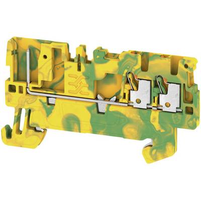 Yellow-green marbled electrical terminal block with metal elements, for cable connection in electrical engineering.