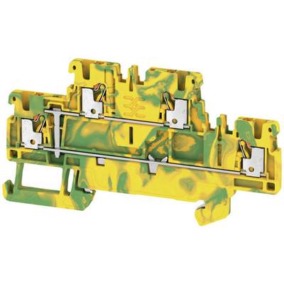 'Yellow-green plastic terminal block with metal terminals and springs, for connecting electrical wires, for mounting on rail.'