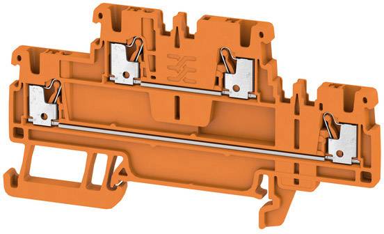 Orange plastic clip with metal contacts used for electrical connections. It has holders and clips on the sides.
