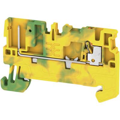 Electrical terminal with a yellow-green housing, showing copper conductor and metal components; used for secure connection of electrical wiring.