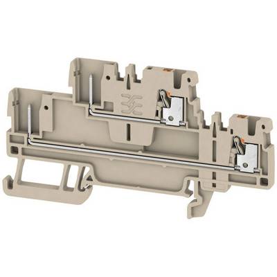 Terminal block with beige housing and metallic contact points. Used for electrical connections on DIN rails in control panels.