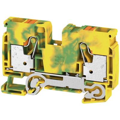 Yellow-green Phoenix Contact push-in terminal block with two slots and metal clips for electrical connections.