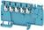 A blue electrical terminal block with five connection points that can secure wires. It has crimping connections and is suitable for mounting.