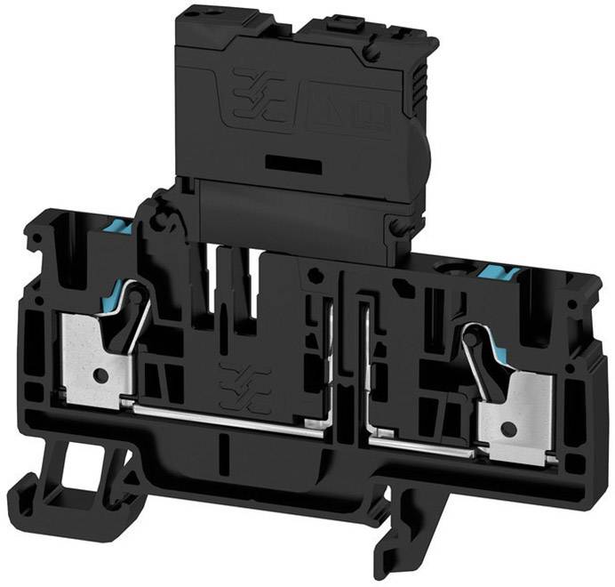 A black electrical terminal block with terminals for mounting on a rail, showing two metal contacts and blue markings.