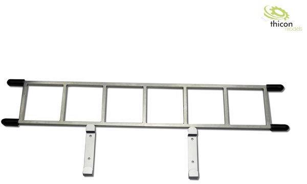 A metal ladder with five square steps and two hooks for attachment, resting on a white background.