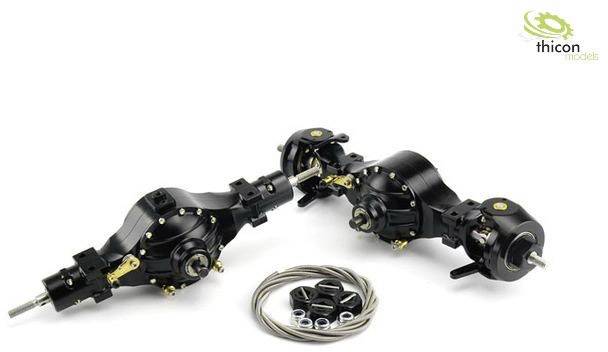 Two black axes with golden details and accessories, against a white background; 'thicon models' logo in the corner.