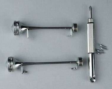 Two silver tension axles and a screwdriver with several small screws on a grey background.
