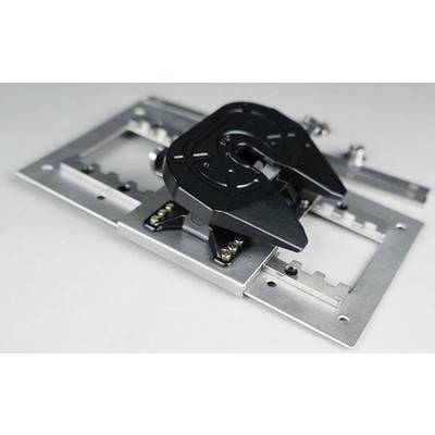 A black, mechanical hinge on a metal plate. It appears to be a device for mounting or adjustment.