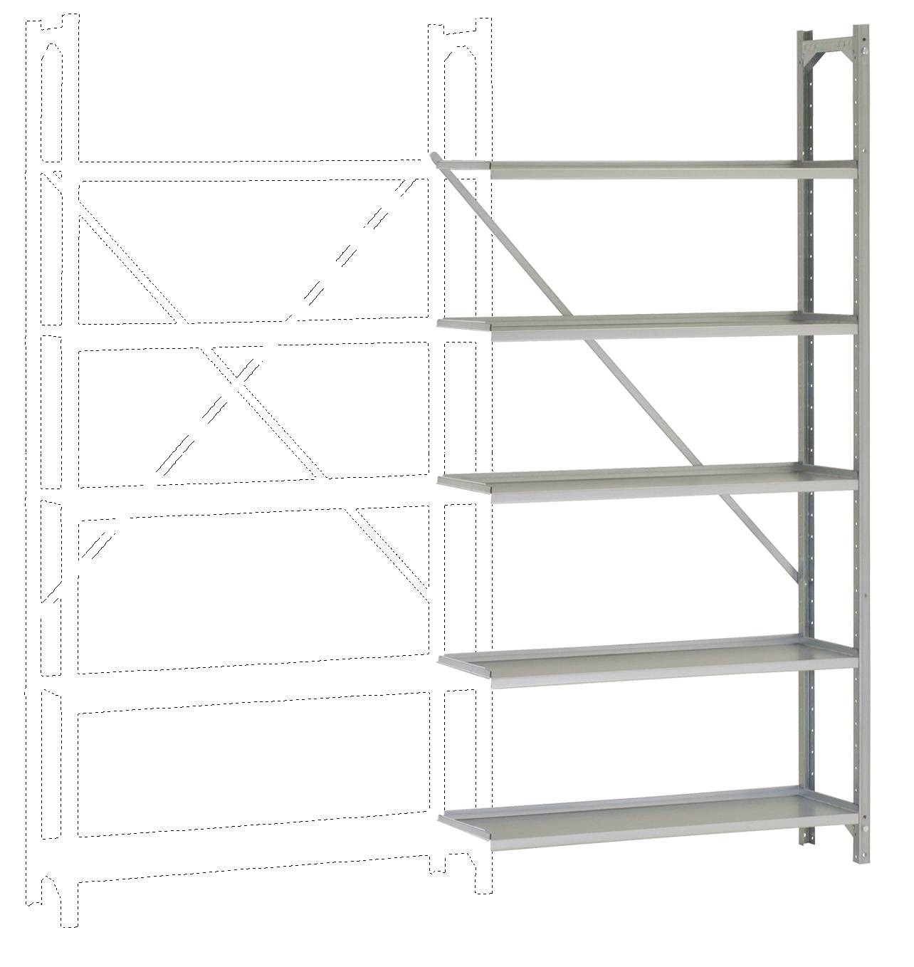 Grey metal shelving unit with five shelves and side supports, set against a light background. A dashed silhouette of another shelving unit is visible on the left.