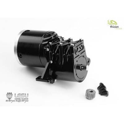 Black metal gearbox unit with side screws and a loose gear wheel on the right, surrounded by black screws on a white background.