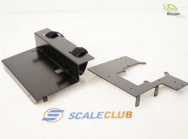 Two black metal brackets are lying side by side on a white surface. The "thicon models" logo is visible in the top right. At the bottom, it reads "SCALECLUB".