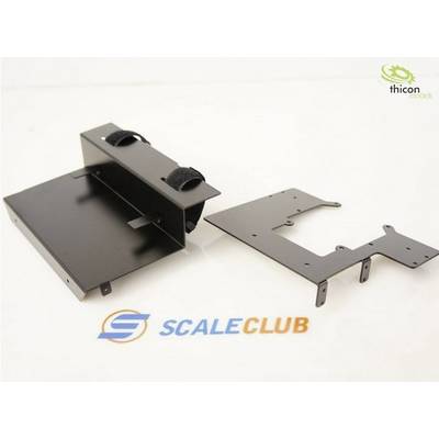 Two black metal brackets are lying side by side on a white surface. The "thicon models" logo is visible in the top right. At the bottom, it reads "SCALECLUB".