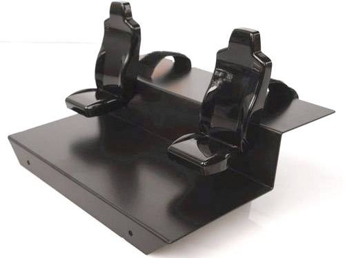 A black model mount with two stylised seats, seemingly designed for a vehicle model.