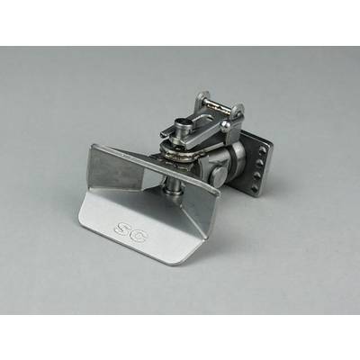 Metal device with rectangular flap, ball joint, and engraving 'SC'. Potential technical or mechanical component.