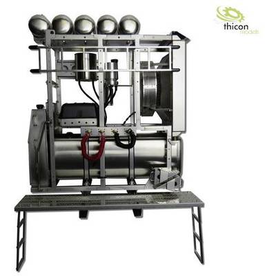 A silver model of a technical machine with pipes, valves, and cables on a platform. The 'thicon models' logo is located in the top right corner.