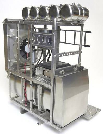 Metal frame and fans, part of an industrial machine, possibly used for cooling or ventilation.