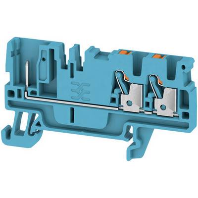 'Image of a blue electrical terminal block with two metal connections.'