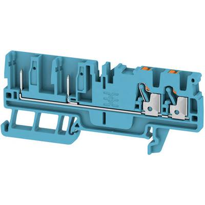 A turquoise-coloured electrical terminal block with connection points and metal components for securing cables in an electrical cabinet.