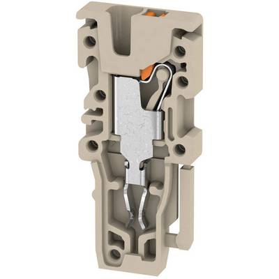 Cross-section of a plastic electrical terminal with metal components, showing internal parts and locking mechanism.