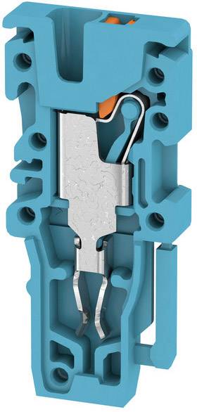 A blue electrical connector housing with metallic terminals and an orange operational element, technical view.