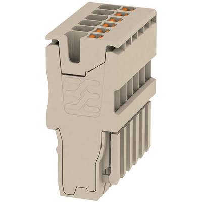 Terminal block in beige with multiple connection points and orange accents. Suitable for mounting on a DIN rail.