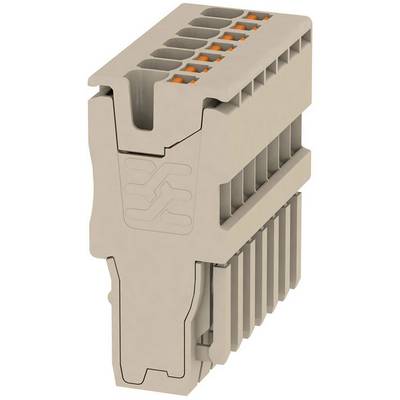 A beige multi-pin connector with a distinctive logo printed on it. Suitable for electrical connections.