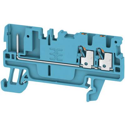 A cross-section of a blue electrical terminal block module reveals the internal metal connections and mechanisms.