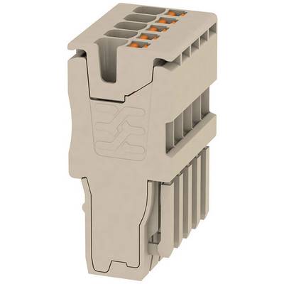 A beige connector for electronic circuits, with six terminals and metal pins. Suitable for versatile connection applications.