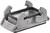 Industrial metal component consisting of a rectangular housing with two foldable latches on top, silver in colour.