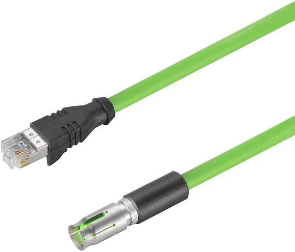 A green hybrid cable with an RJ45 plug on the left and a metallic circular connector on the right.