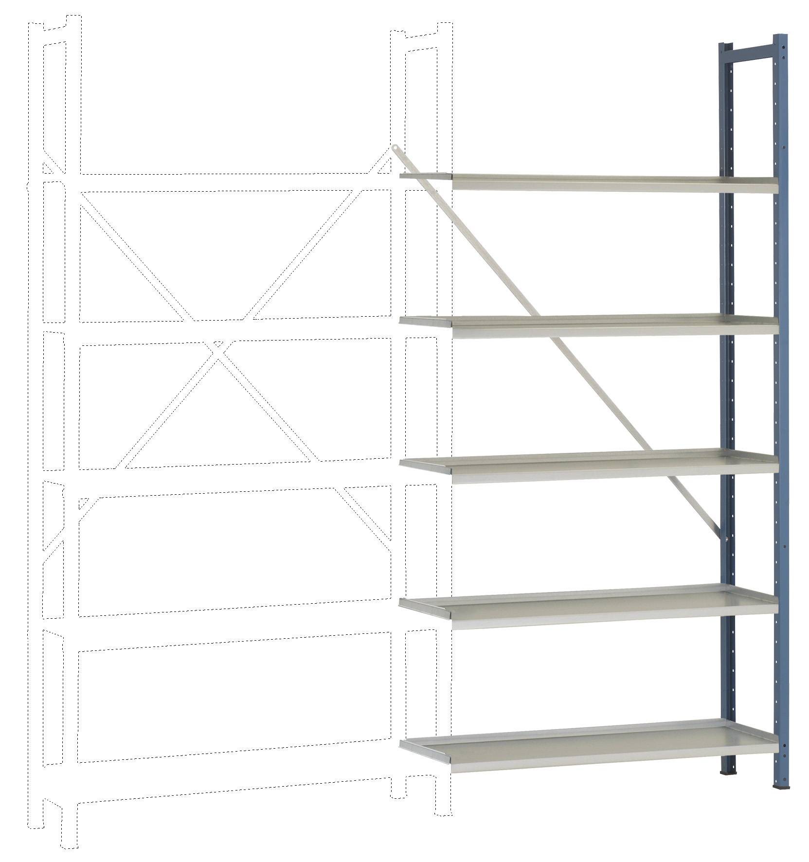 Steel shelving unit with six shelves on one side, with space indicated for an additional shelf on the other side.