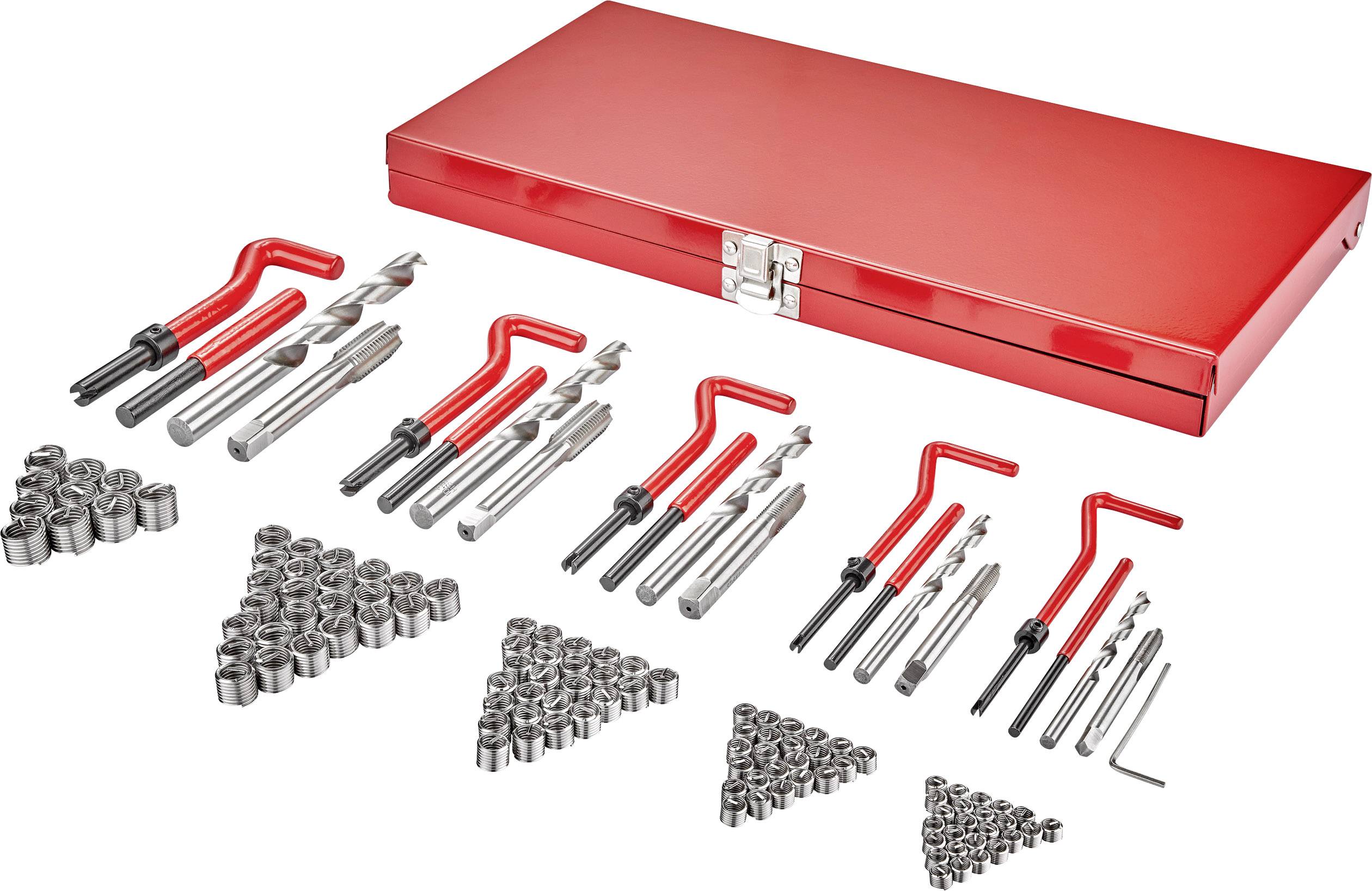 A red case containing a thread repair kit with a drill bit, tap, and inserts.